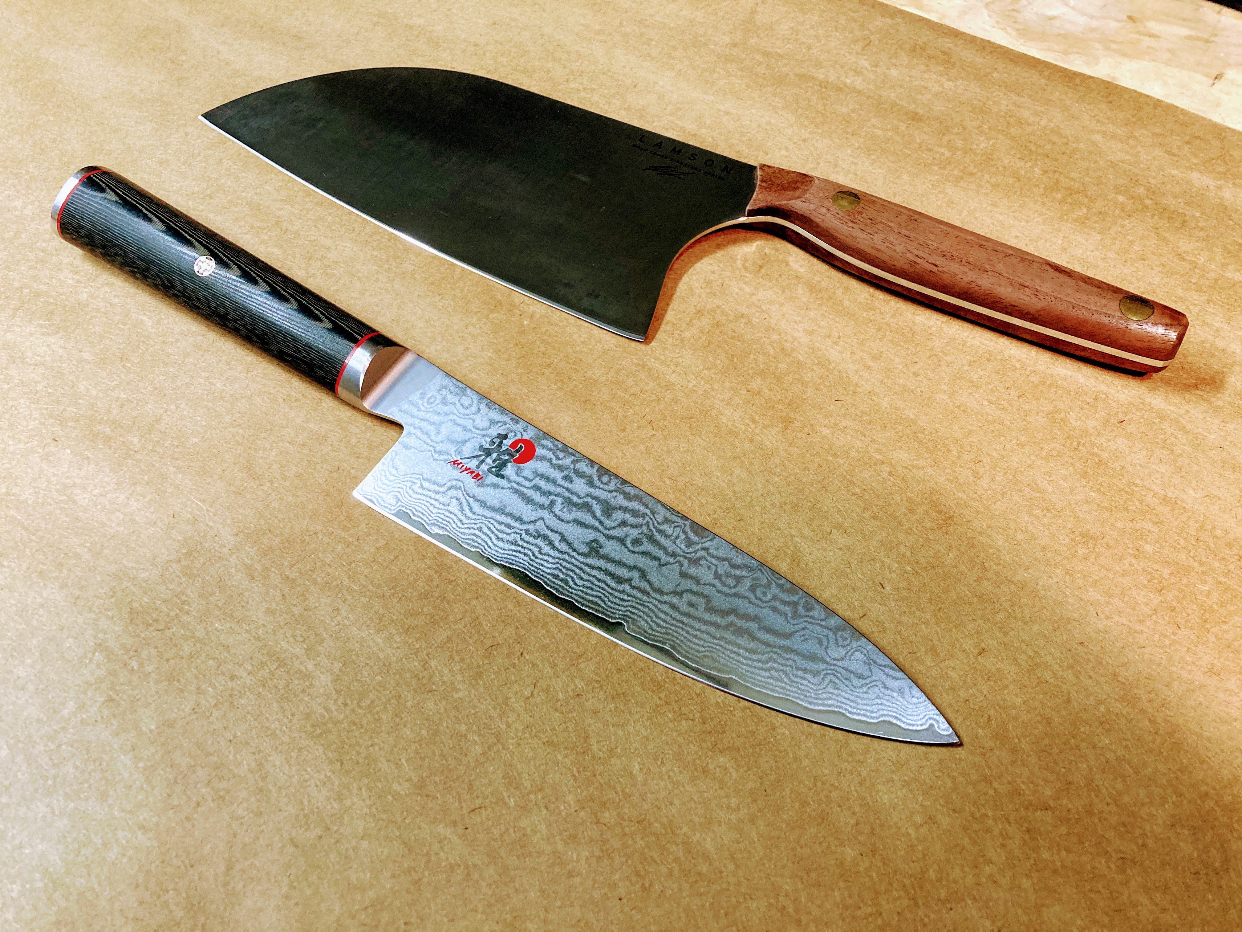 Beautiful Miyabi eight inch chef knife and Lamson cleaver freshly sharpened