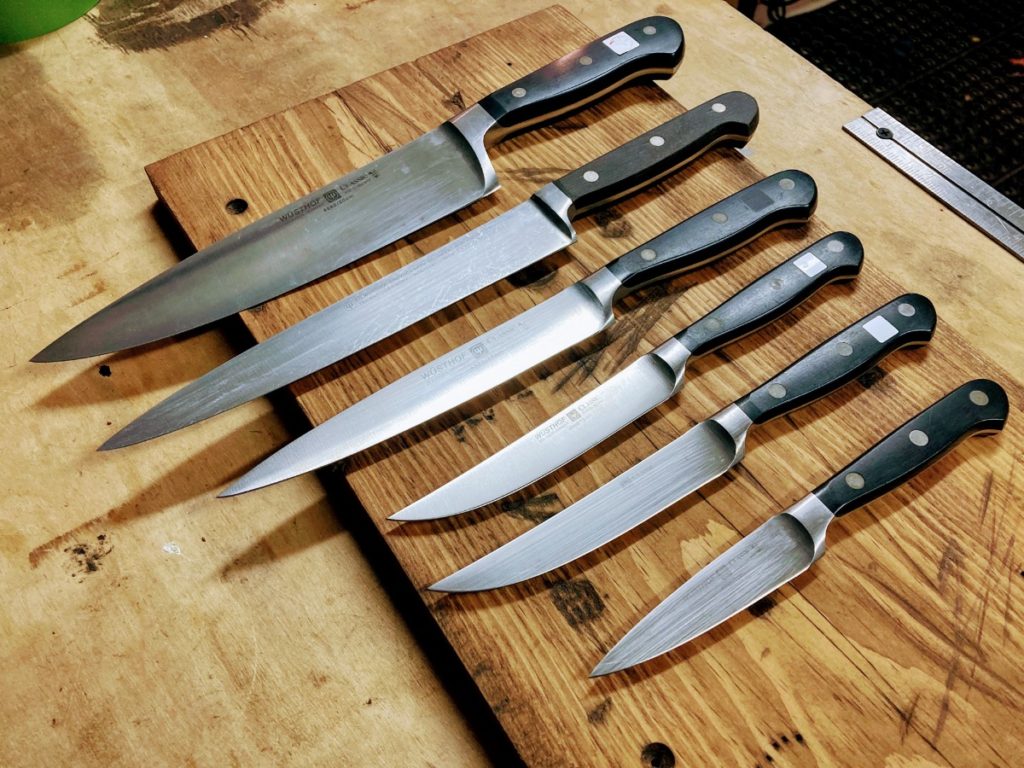 A freshly sharpened set of Wustof kitchen knives.